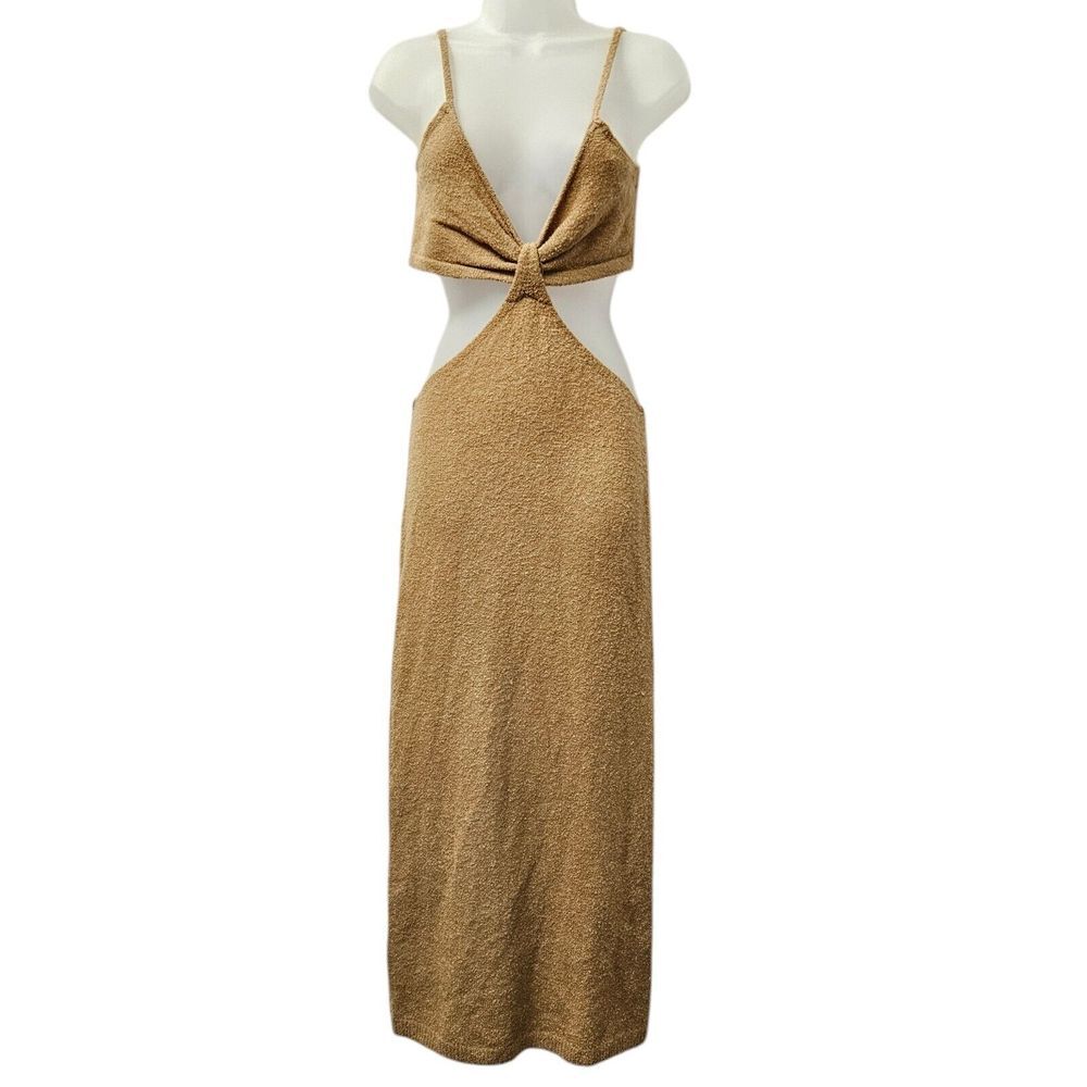 Lulus Dress Womens L The Way I Feel Cutout Dress Midi Camel Stretch Babydoll NWT